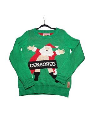 Tipsy Elves Ugly Christmas Sweater Size M Censored Santa Claus Green Holiday